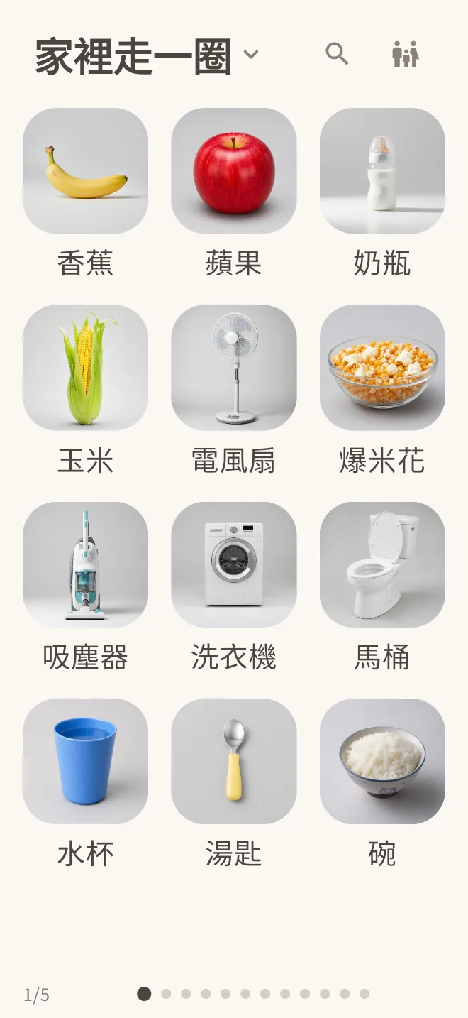 點點百科主畫面：「家裡走一圈」第 1 頁，香蕉、碗等 12 樣日常物品的照片與名稱排成格子，下方的小圓點標出頁數。
